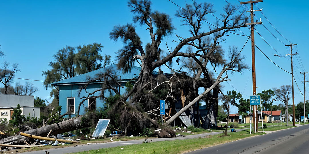 A large tree has fallen onto a blue house, causing significant damage, with debris scattered around the yard and street. Power lines and poles are visible nearby under a clear blue sky, indicating recent storm destruction in a residential neighborhood.
