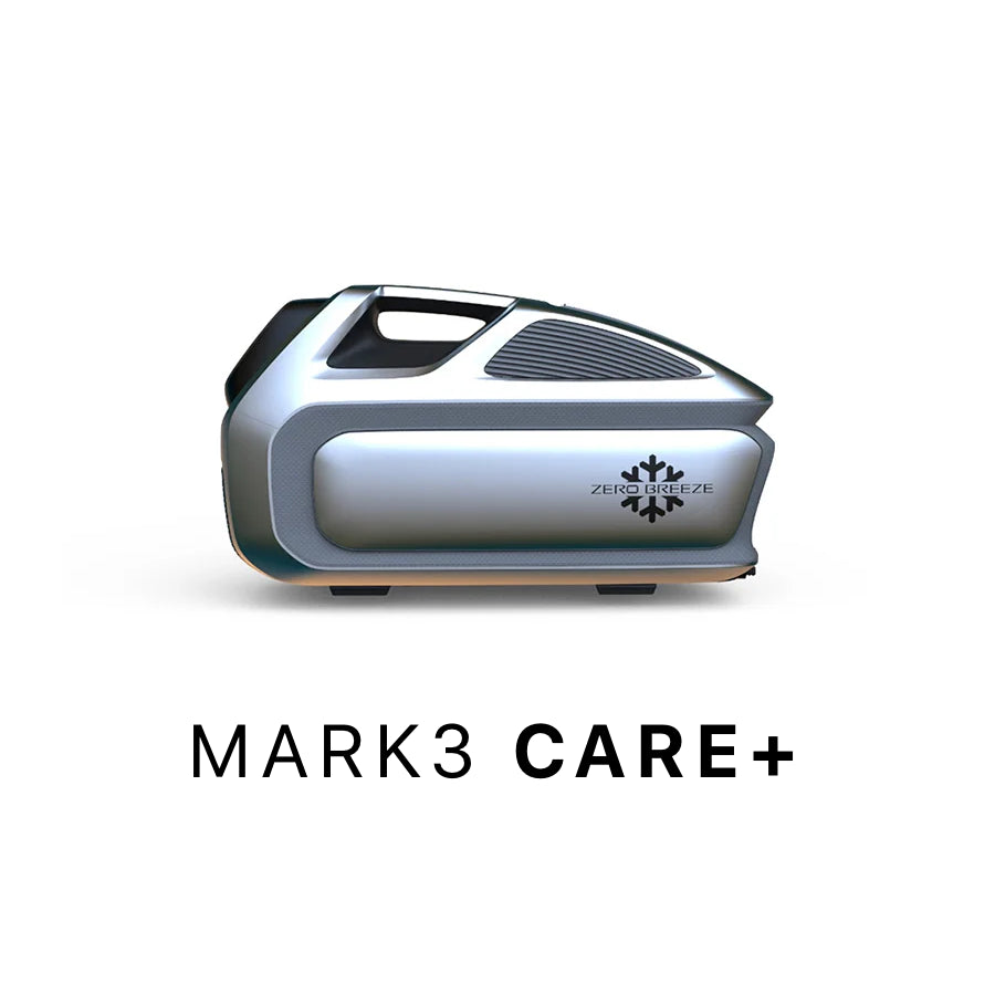 ZERO BREEZE Mark 3 CARE+ extended protection plan image featuring the portable air conditioner with sleek design and branded logo.