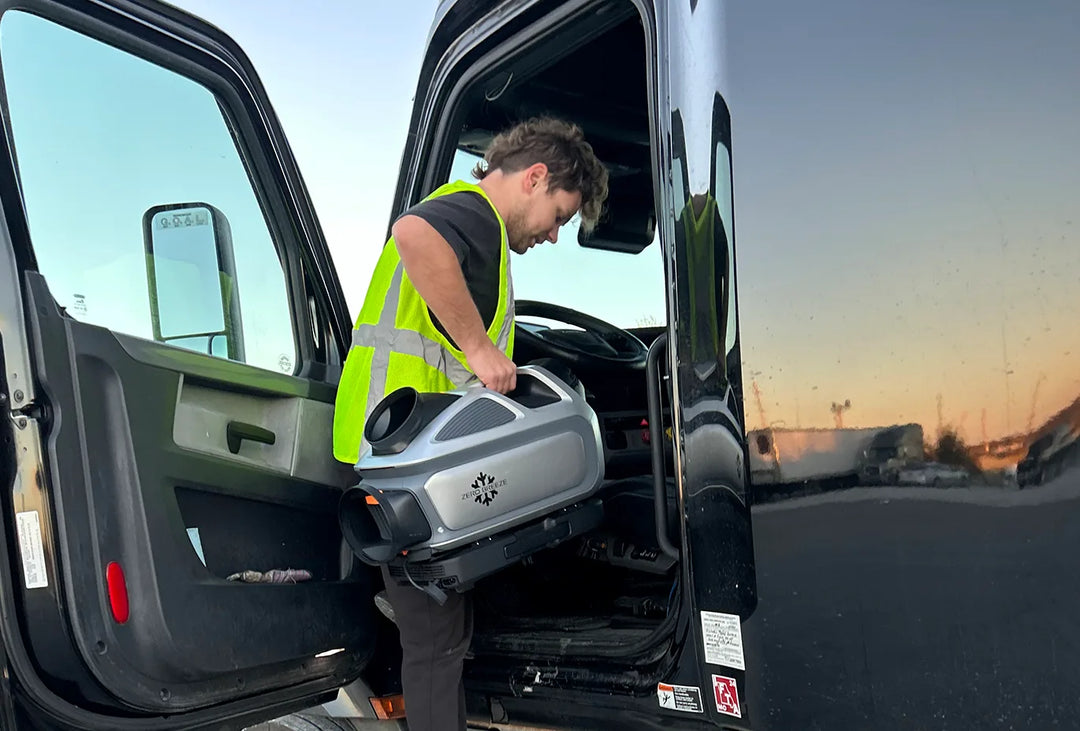 A truck driver in a safety vest carries the ZERO BREEZE Mark 3 portable air conditioner into the cab of a semi-truck at sunset, preparing for sleeper cooling.