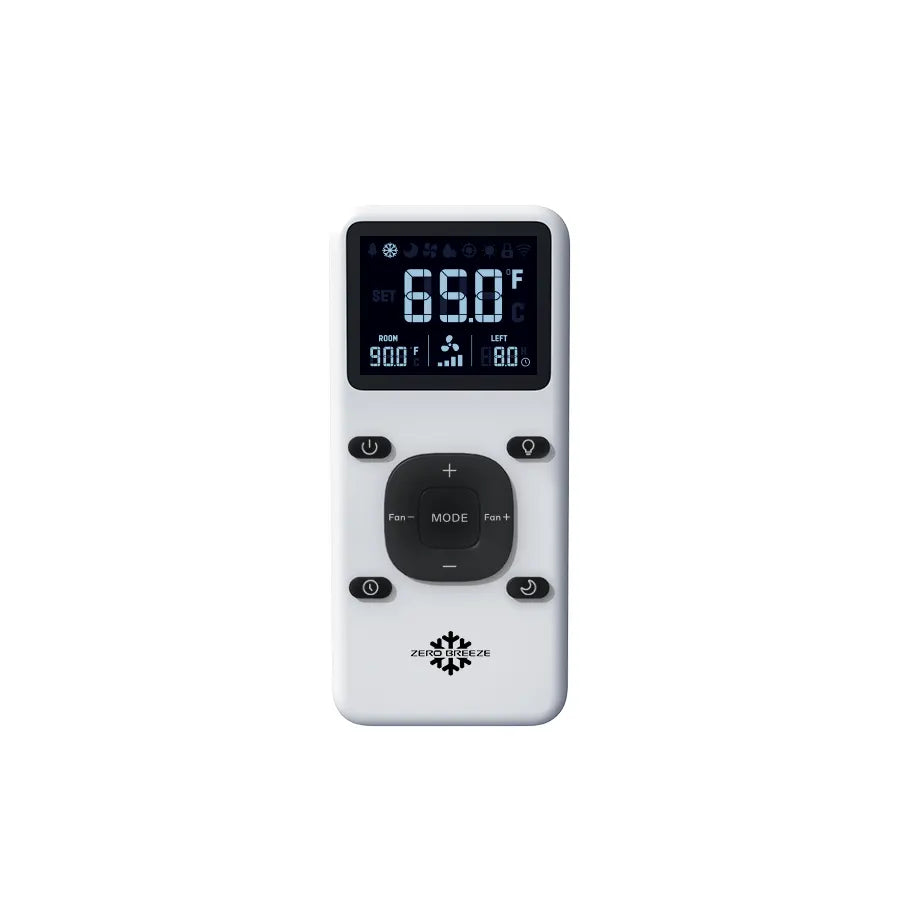 ZERO BREEZE Mark 3 wireless remote control featuring mode, fan speed, power, and lighting buttons for portable air conditioner operation.
