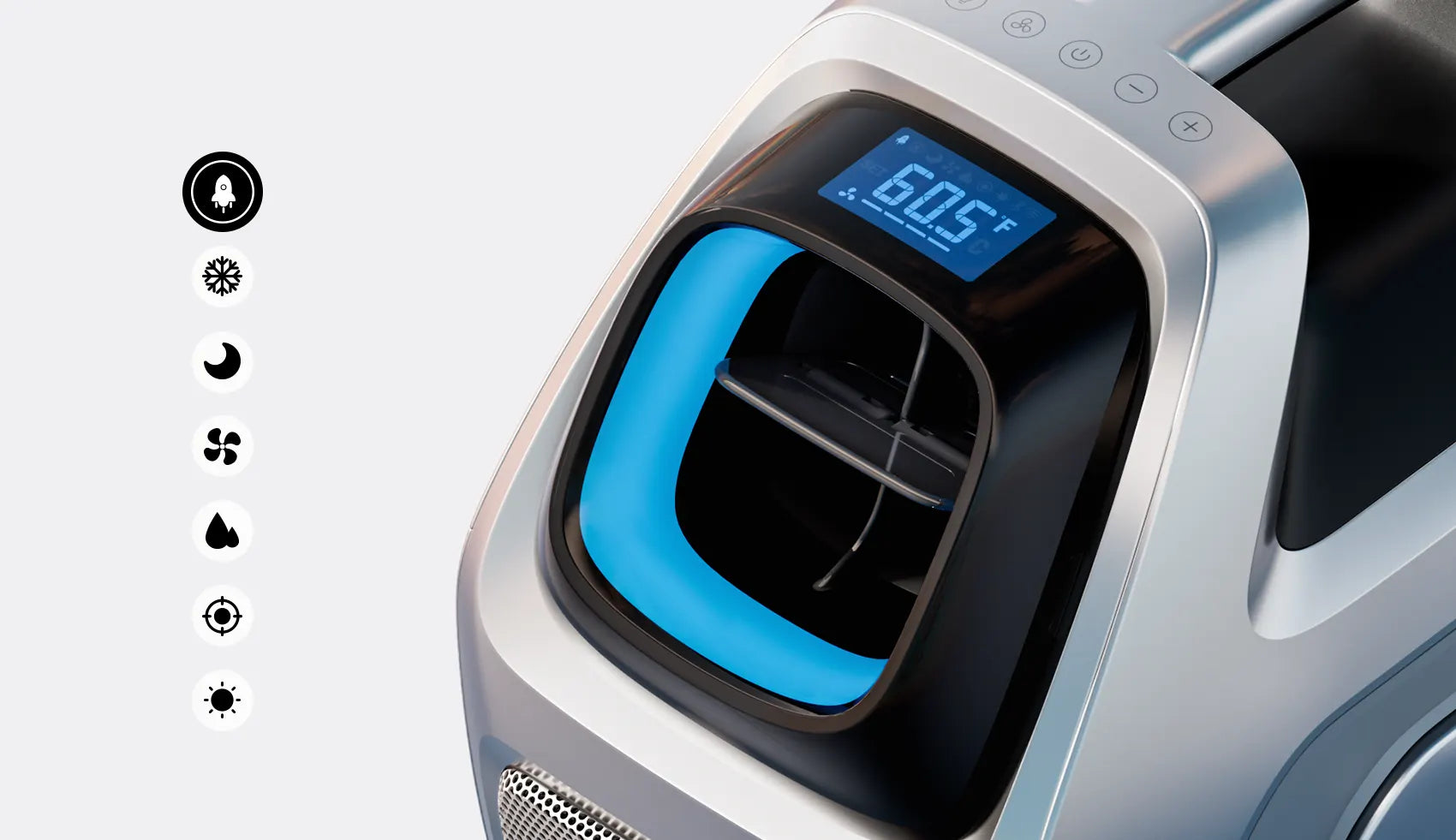 Close-up view of the ZERO BREEZE Mark 3 portable air conditioner’s top control panel displays a digital temperature readout of 60.5°F in blue light. The panel is sleek with a metallic and black finish. To the left, seven mode icons are vertically aligned, symbolizing rocket, cool, sleep, fan, dry, care, and heating mode.