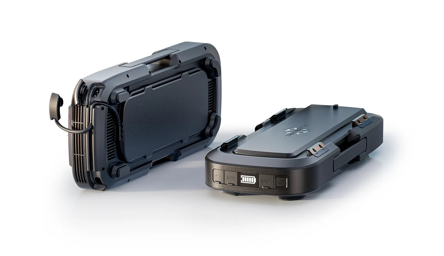 The image of the ZERO BREEZE Mark 3 detachable battery pack is shown from two angles. The design features a compact, rectangular form with rounded edges, integrated handles, and a visible control interface including ports, power button, and battery level indicator.