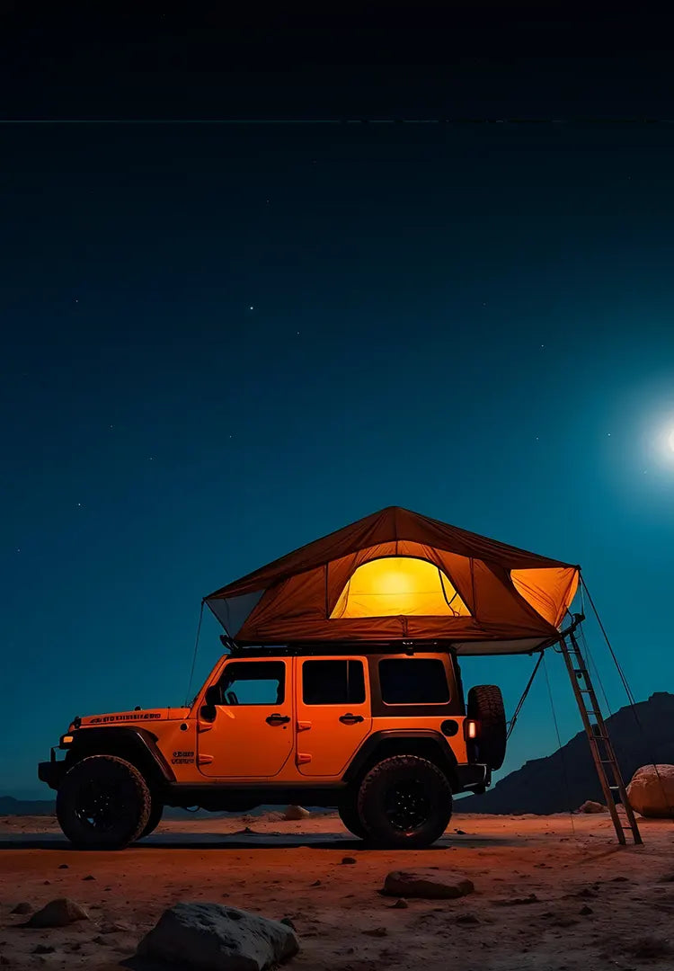 A glowing rooftop tent mounted on a yellow Jeep Wrangler is illuminated against a clear night sky in a desert landscape. The tent is accessed by a ladder, and the moonlight casts a soft glow over the rocky terrain.