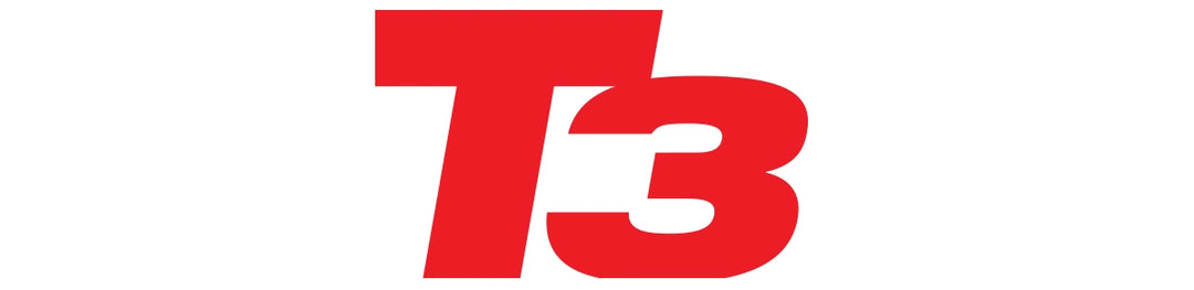 Logo of T3 magazine features a bold, stylized red "T3" in uppercase on a white background, with the "T" slightly overlapping the "3".
