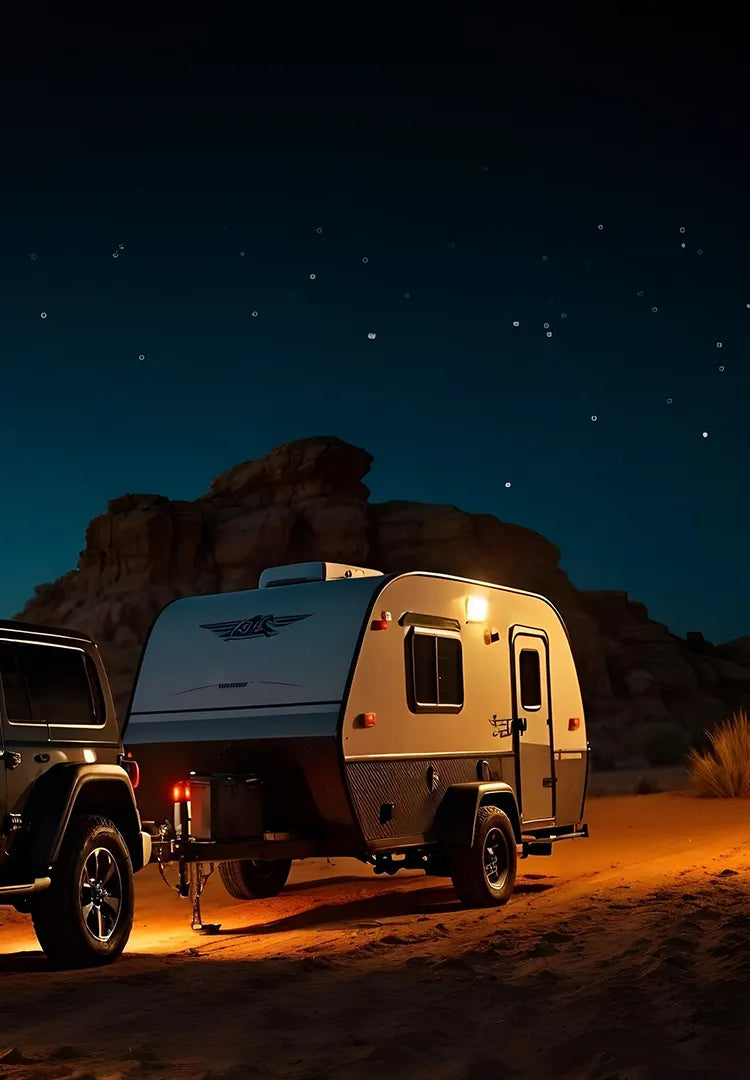 A compact white travel trailer is hitched to a Jeep and parked in a desert landscape at night. The trailer is illuminated by warm exterior lights under a starry sky, with rock formations visible in the background.