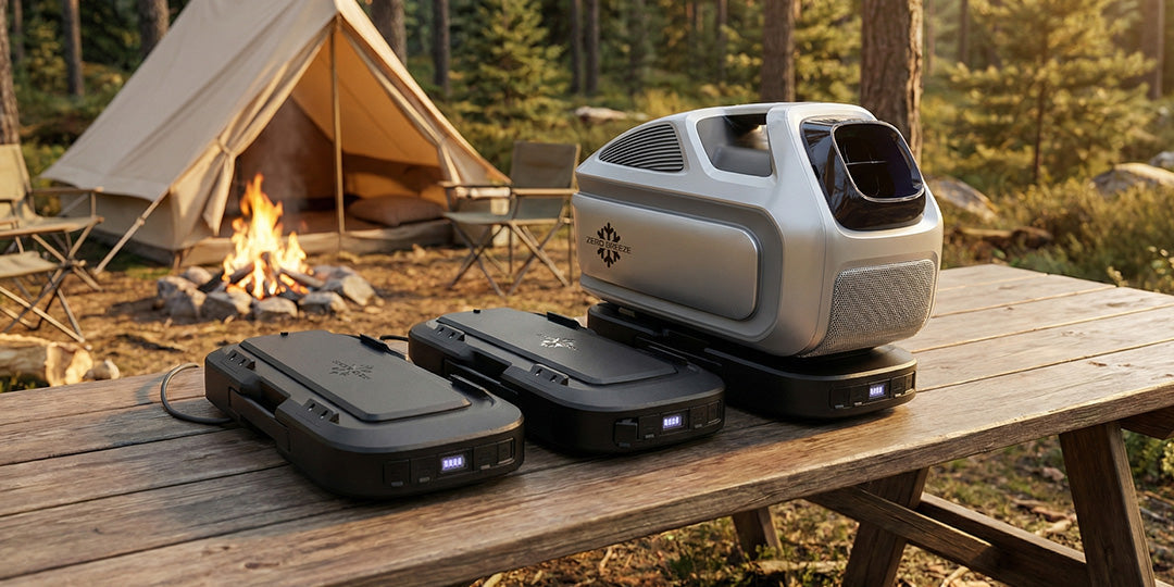 The Mark 3 AC unit and three portable batteries are positioned on a wooden picnic table at a campsite with a lit campfire and tent in the background forest.