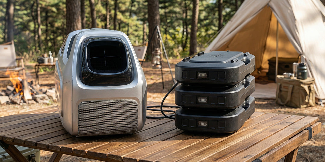 The Mark 3 portable AC sits on a wooden table at a campsite, connected to three stacked batteries. A tent and a small campfire are visible in the background forest setting.
