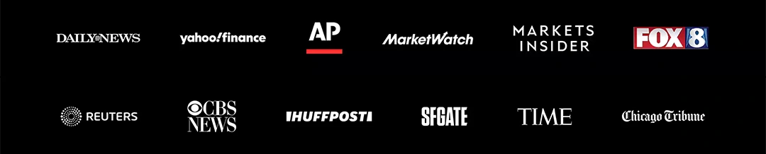 Logos of media outlets that have featured ZERO BREEZE, including TIME, Reuters, CBS News, Yahoo Finance, MarketWatch, and more.