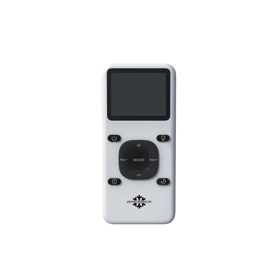 ZERO BREEZE Mark 3 wireless remote control featuring mode, fan speed, power, and lighting buttons for portable air conditioner operation.