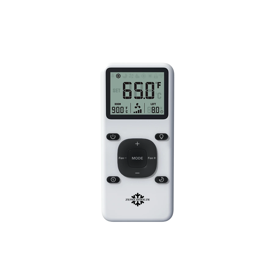 ZERO BREEZE Mark 3 wireless remote control featuring mode, fan speed, power, and lighting buttons for portable air conditioner operation.