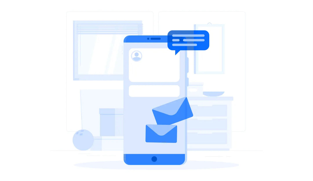 Illustration of a smartphone displaying a messaging interface, with two floating envelopes and a blue chat bubble, representing communication or customer support via email and text.