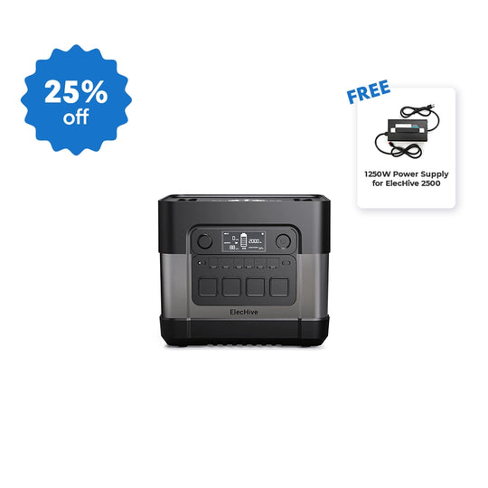 ElecHive 2500 portable power station displayed with connector cables. A blue badge shows 25% off, and a small overlay highlights a free 1250W power supply included in the bundle.