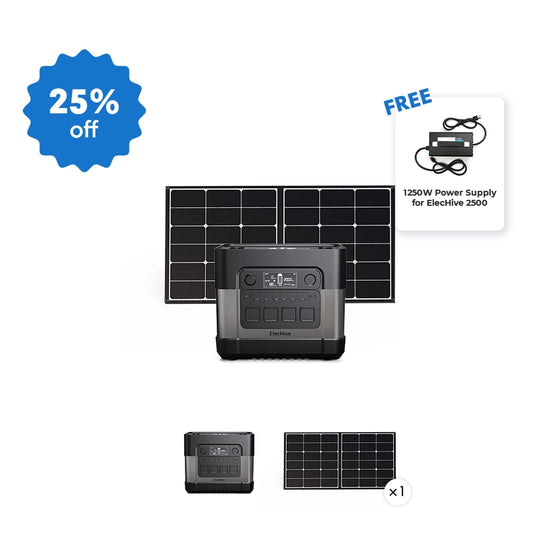 ElecHive 2500 portable power station displayed with one large solar panel and connector cables. A blue badge shows 25% off, and a small overlay highlights a free 1250W power supply included in the bundle.