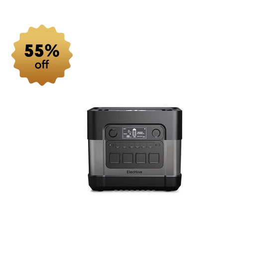 ElecHive portable power station with a digital display and multiple outlets, shown with a gold badge indicating "55% off" in the top left corner.