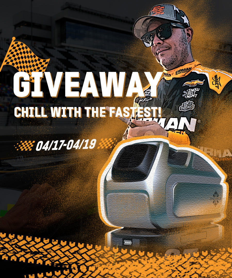 The promotional giveaway image is featuring ZERO BREEZE and Patrick Emerling. The image includes text that reads "GIVEAWAY CHILL WITH THE FASTEST! 04/17-04/19" along with a picture of the ZERO BREEZE Mark 3 portable air conditioner and a racing-themed background with Patrick Emerling wearing his racing suit and sunglasses.